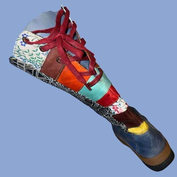 Socofy Bohemian Splicing Pattern Blue Leather Side Zip Back Lace Boot Size 7 7.5 - Picture 6 of 12